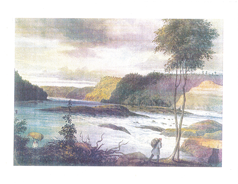 Peinture réalisée par Philip John Bainbridge en 1837 représentant le site de La Gabelle avant la construction du barrage.